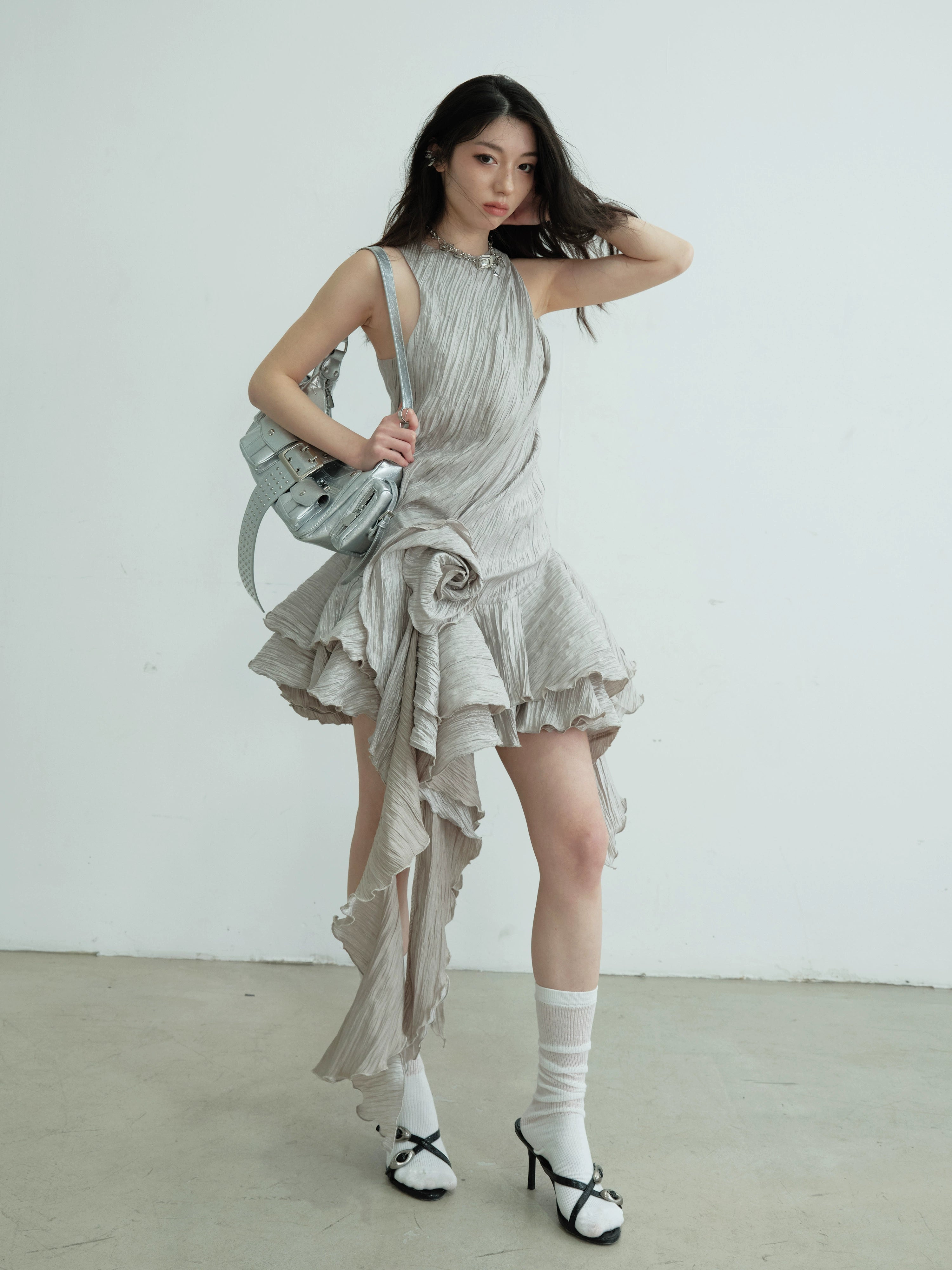 Asymmetric Ruffle Hem Metallic Party Dress