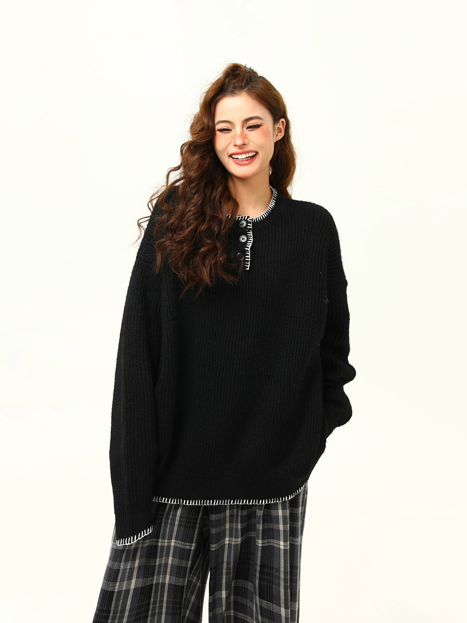 Oversized Cozy Button Trimmed Knit Sweater