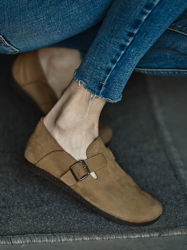 Tan Buckle Leather Slip Loafers