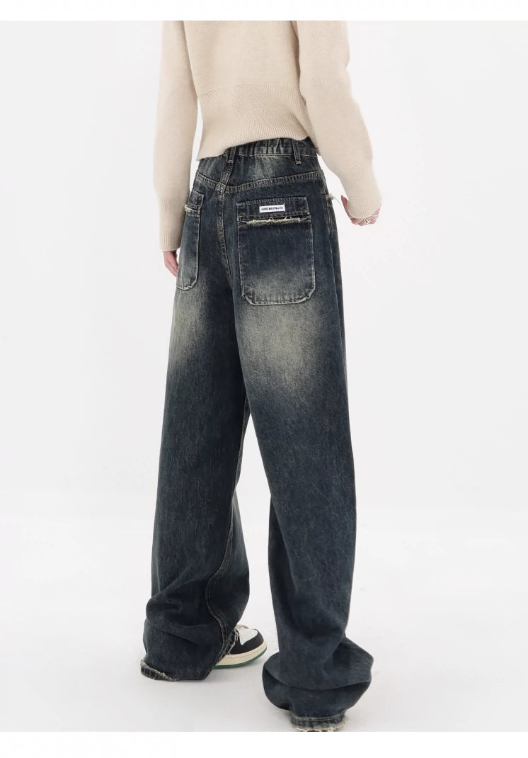 Vintage High Street Deep Blue Wide-Leg Denim Pants - chiclara