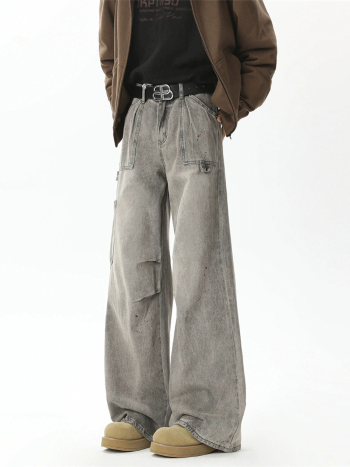Wide Leg Washed Denim Cargo Pants