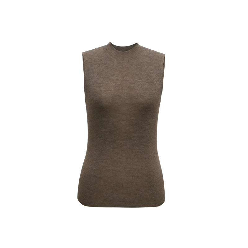 French Semi-High Neck Wool Knit Seamless Blue Tank Top - chiclara