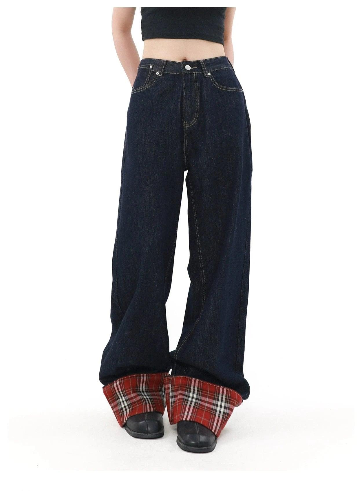 Jeans anchos de la pierna con fastidio a cuadros de mrnearly: mezclilla clásica unisex con un toque