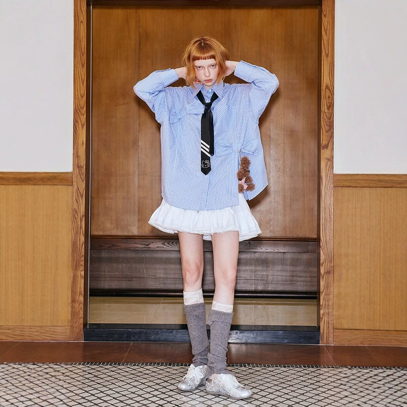 Oversized Blue Pinstripe Shirt Dress and Ruffle Skirt Setup