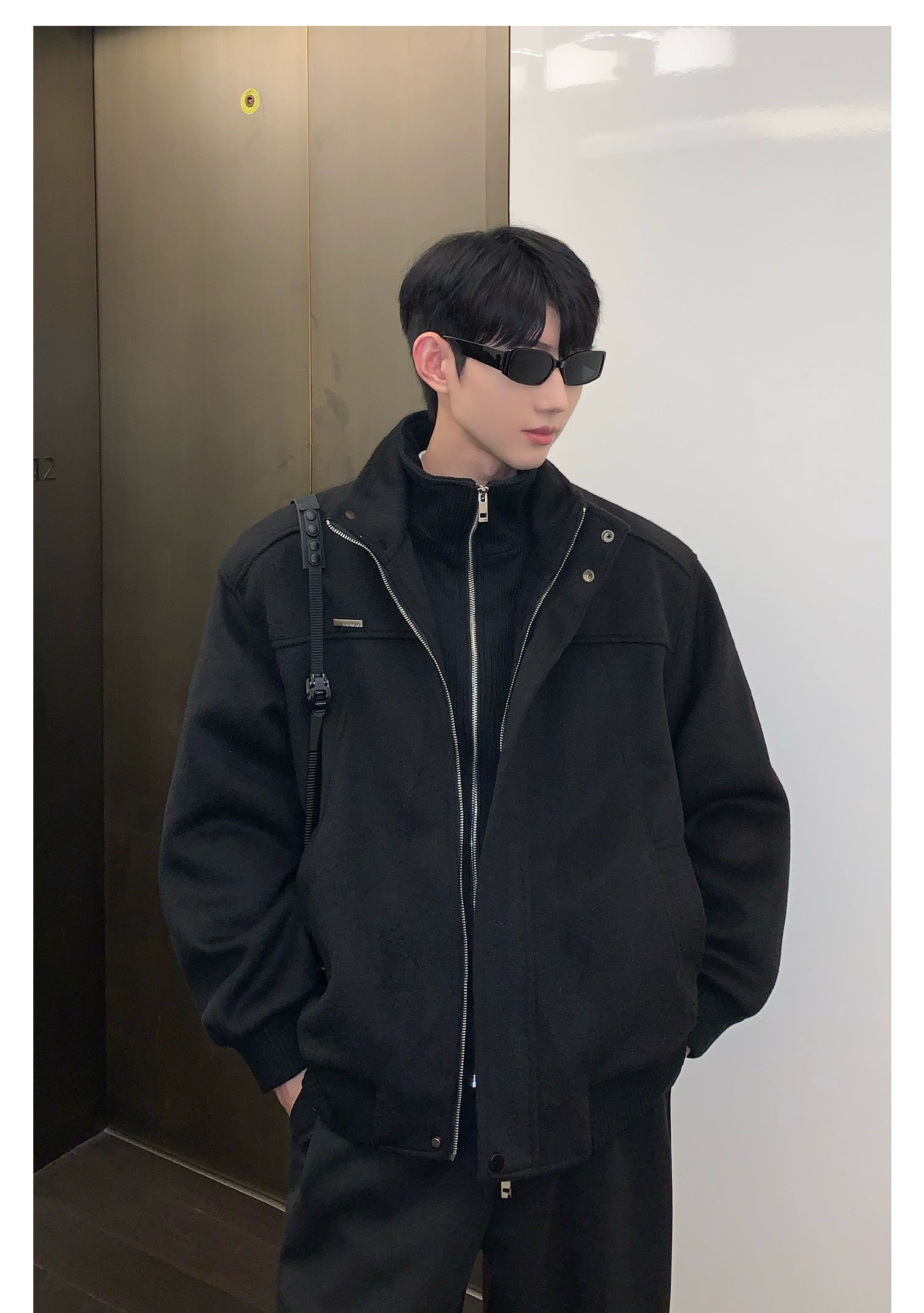 Bomber Jacket with Stand Collar and Ribbed Cuffs