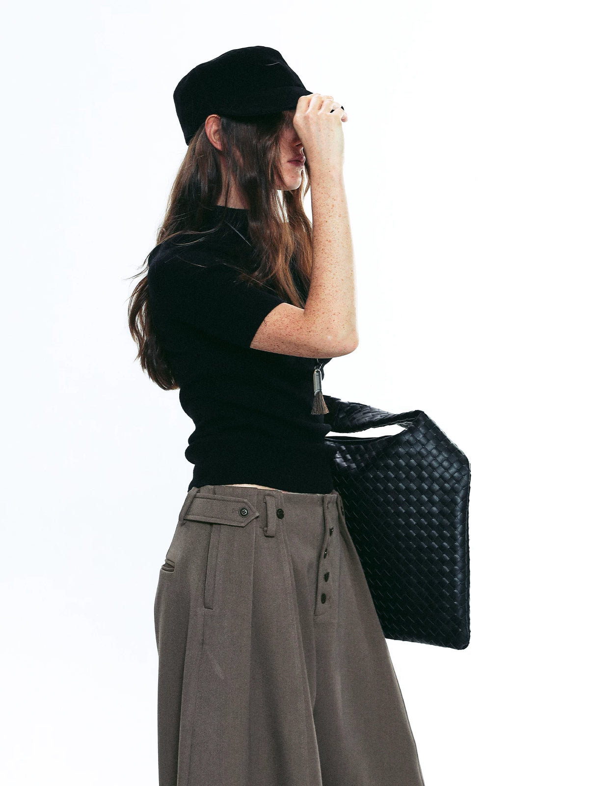 Exposed Button Pinstripe Wide Trousers