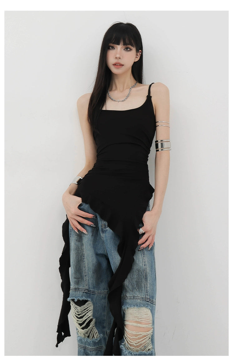 Black Asymmetric Ribbon Strap Tank Top With Ruffle Edge Design - chiclara