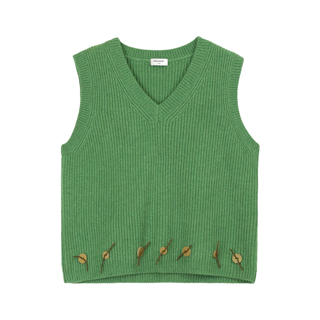 Embroidered Ribbed Button Knit Vest