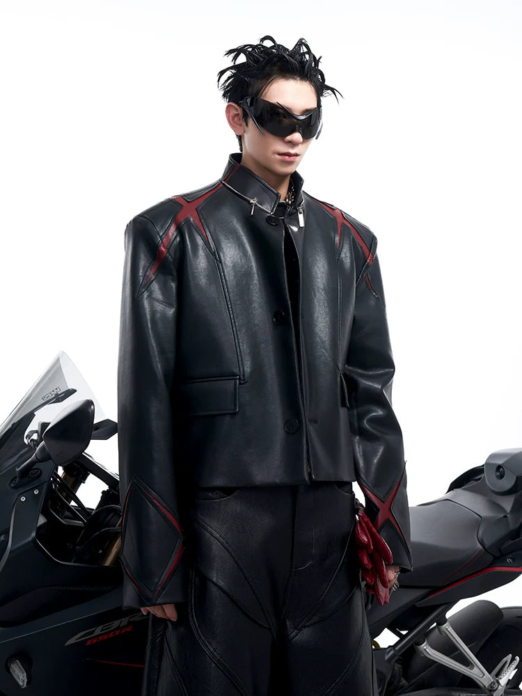 Black PU Leather Moto Jacket with Red X Details