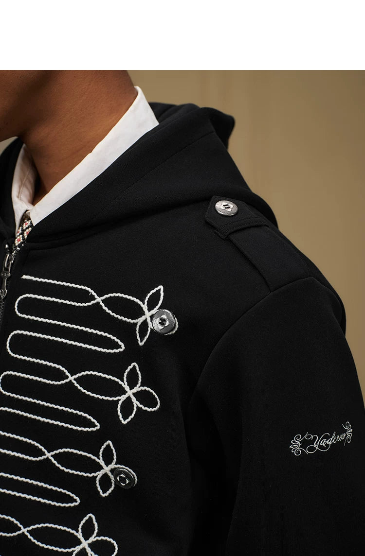 Black Military Embroidered Zip-Up Hoodie