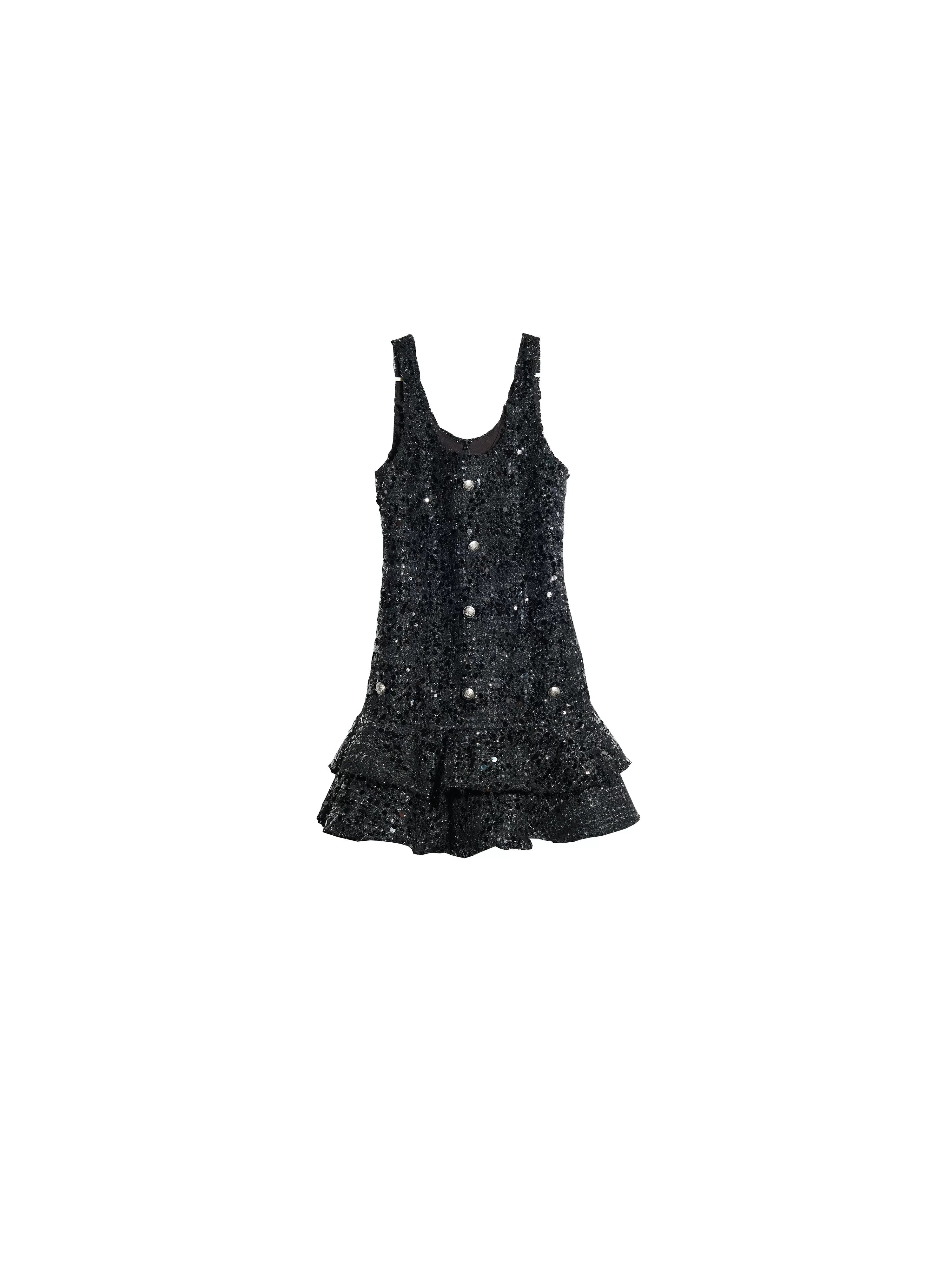 Black Sequin Tweed Tiered Mini Dress
