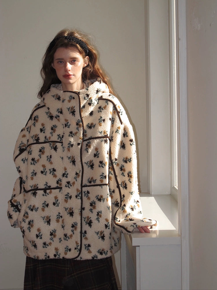 Floral Print Sherpa Jacket with Hood and Contrast Piping