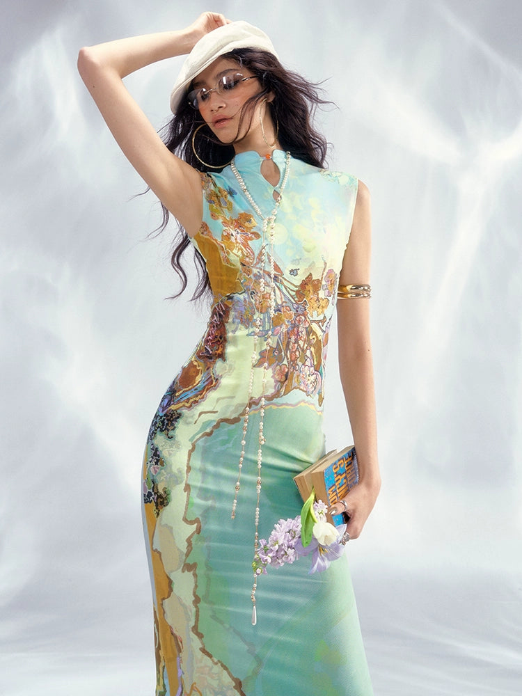 Mint Watercolor Oriental Bodycon Dress