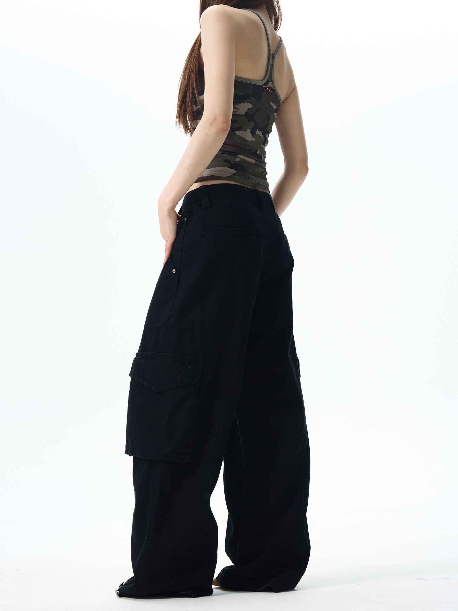 Wide Leg Cargo Pants in  Beige & Black