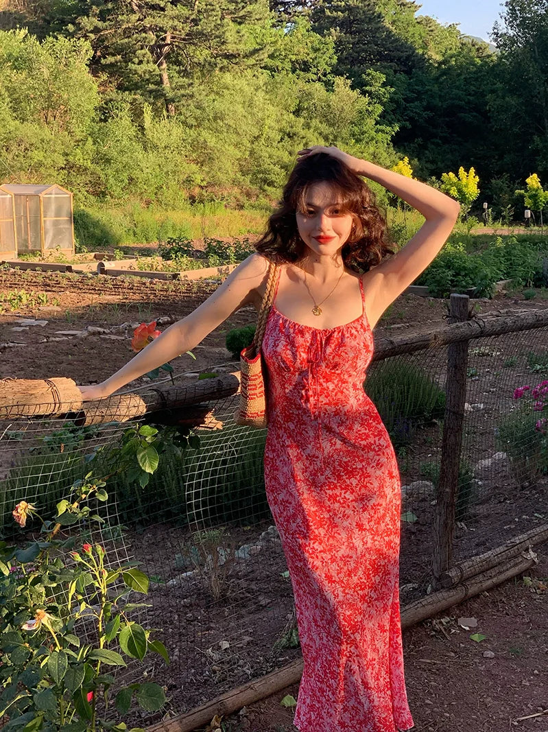 Lace Up Floral Spaghetti Strap Maxi Dress