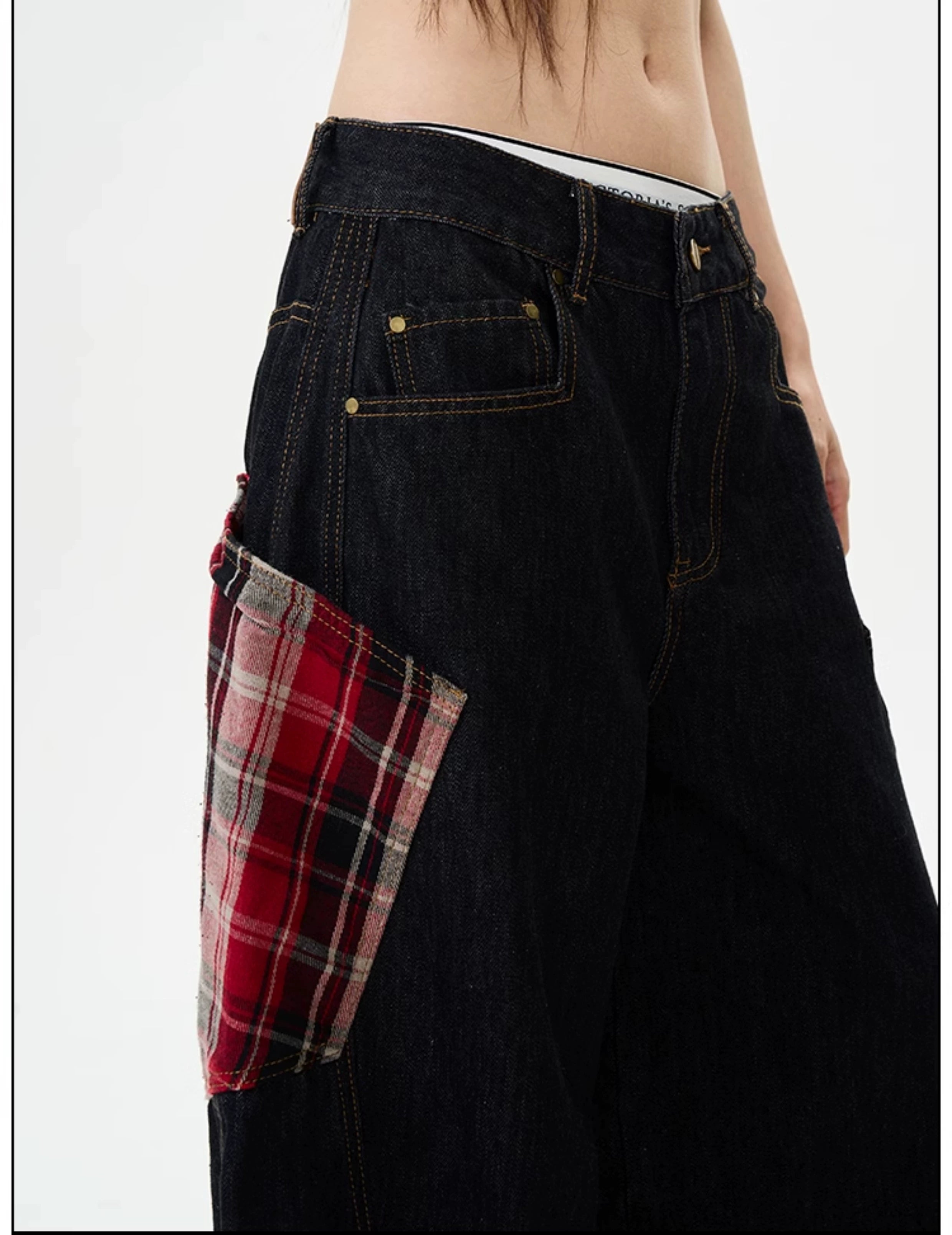 Plaid Patchwork Denim Cargo Pants