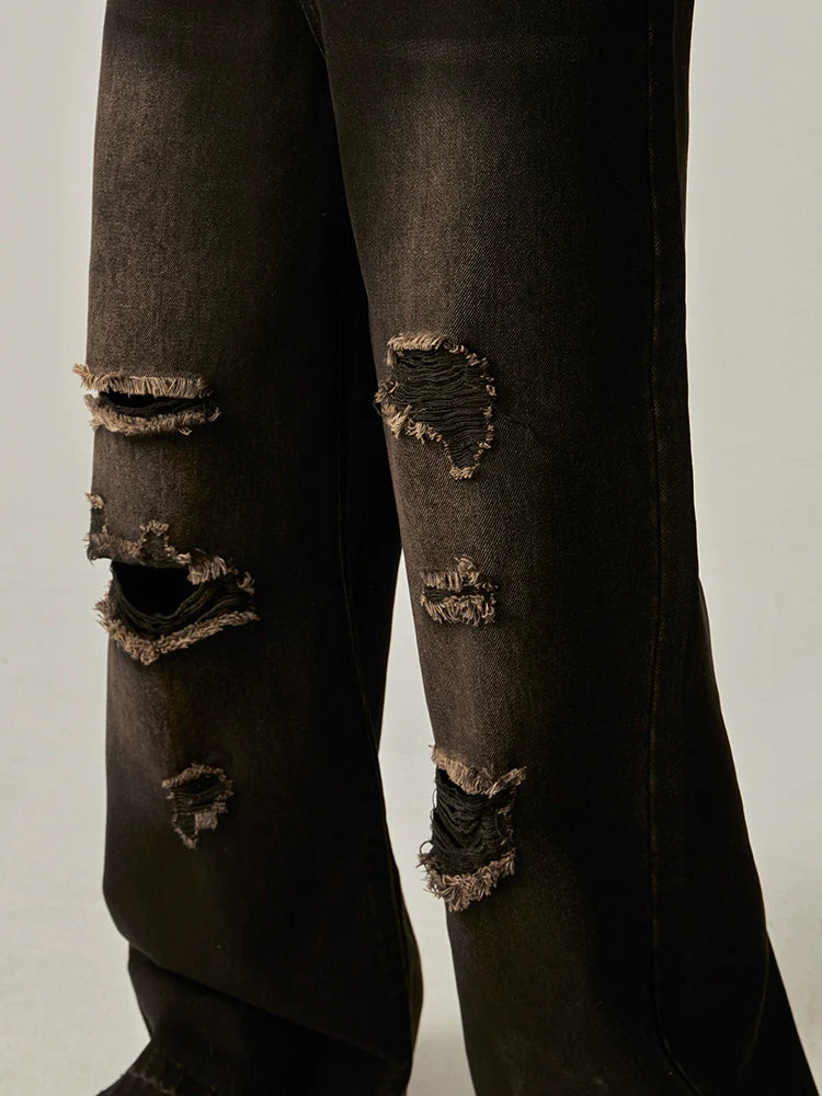 Distressed Wide-Leg Charcoal Denim Jeans