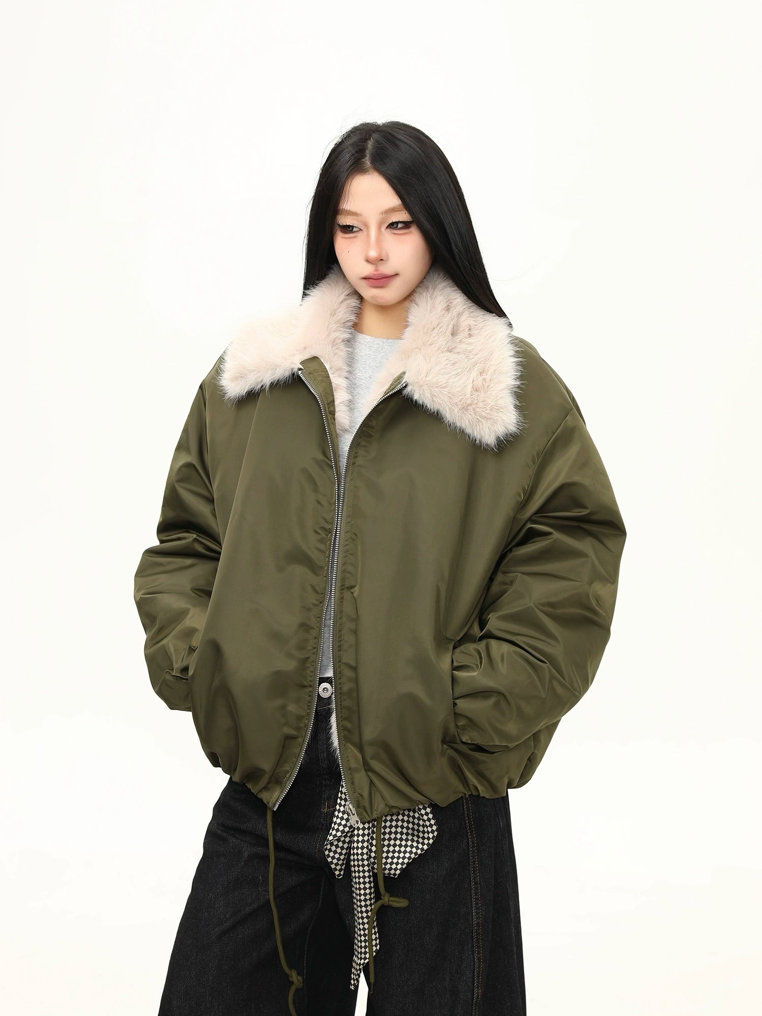 Olive Frost Faux Fur Collar Bomber Jacket
