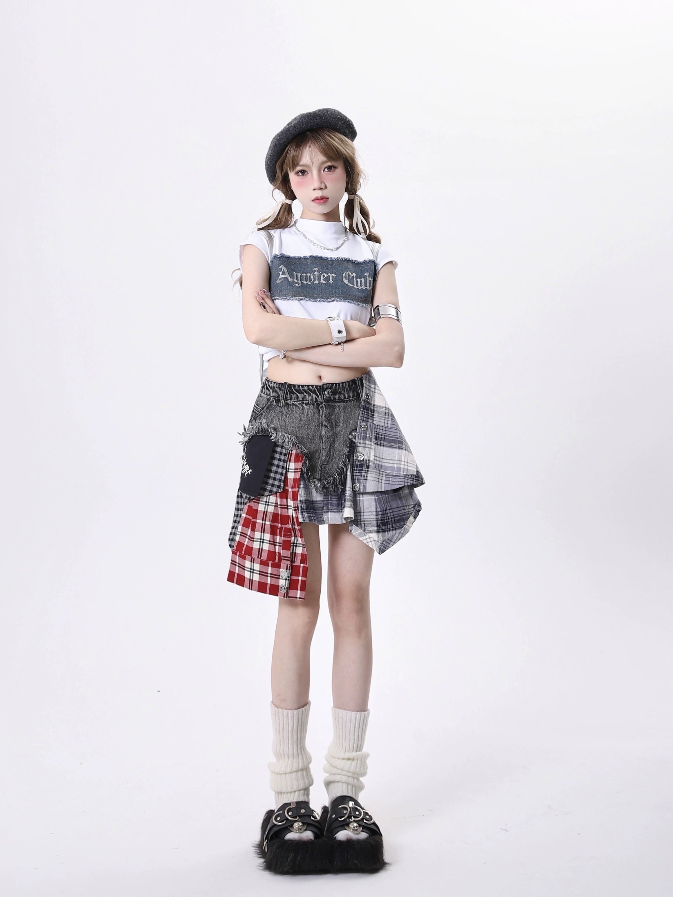 Mixed Plaid Patchwork Denim Mini Skirt