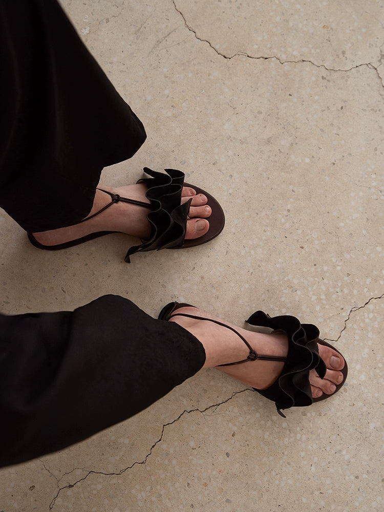 Black Ruffle Thong Sandals