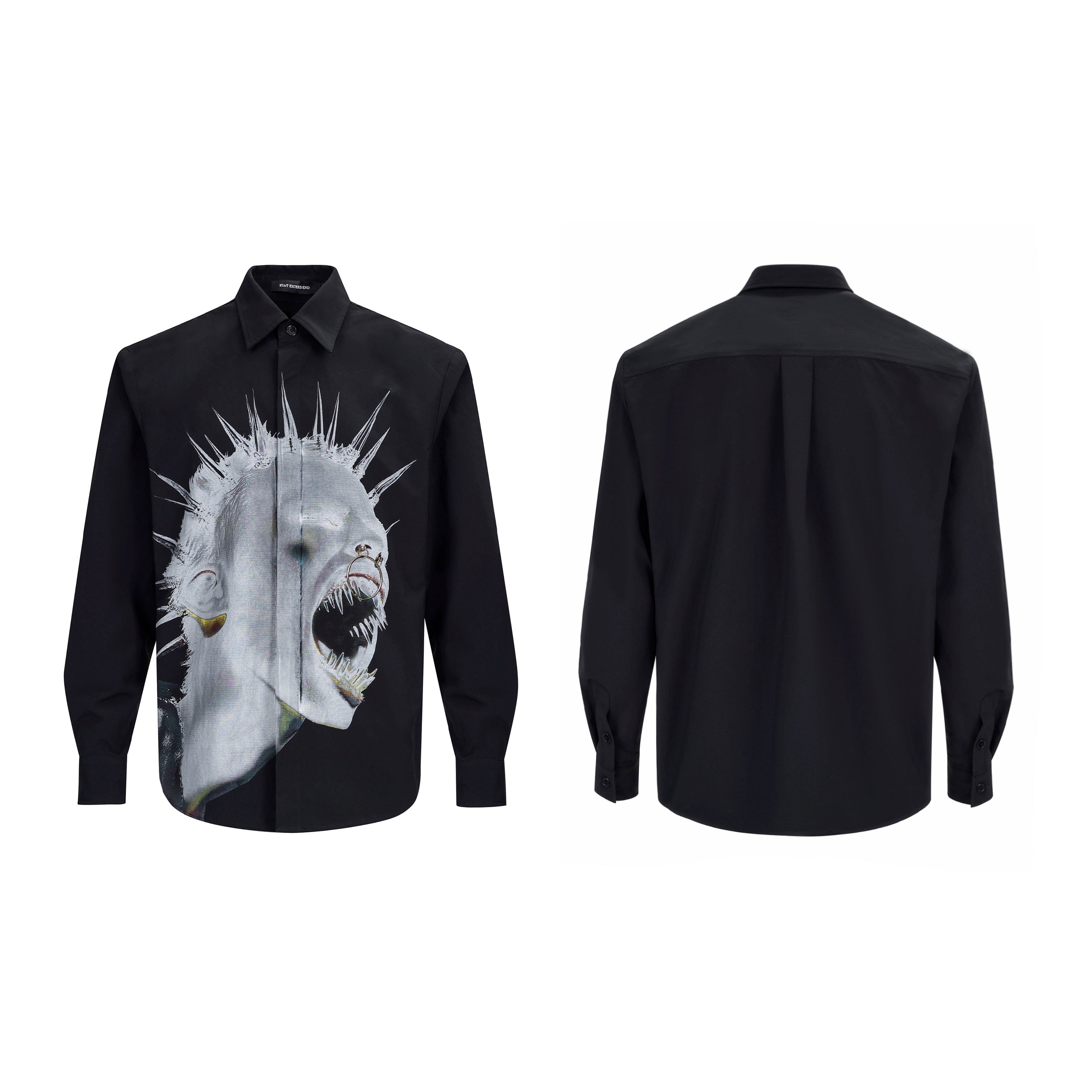 Button-Up Shirt with Punk Scream Graphic Print