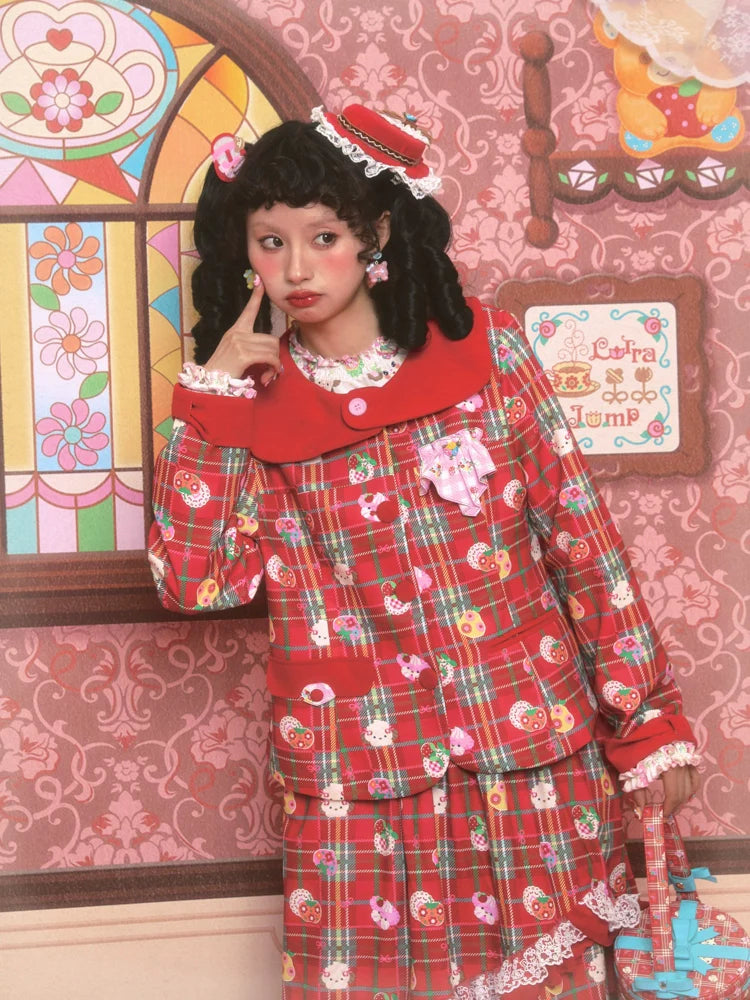 Plaid Lace Ruffle Coat and Skirt Set