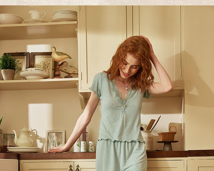 Sage Green Lace Trim Button-Up Pajama Short Set