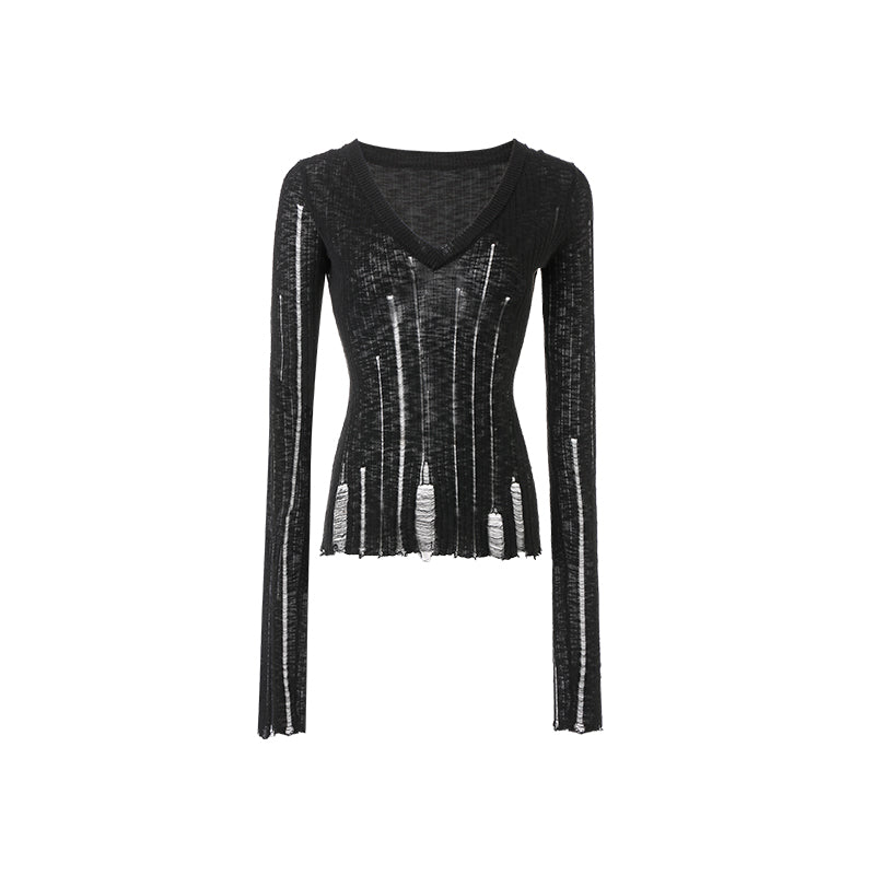 Hollow-Out V-Neck Thin Cardigan With Distressed Waist Knit Top - chiclara