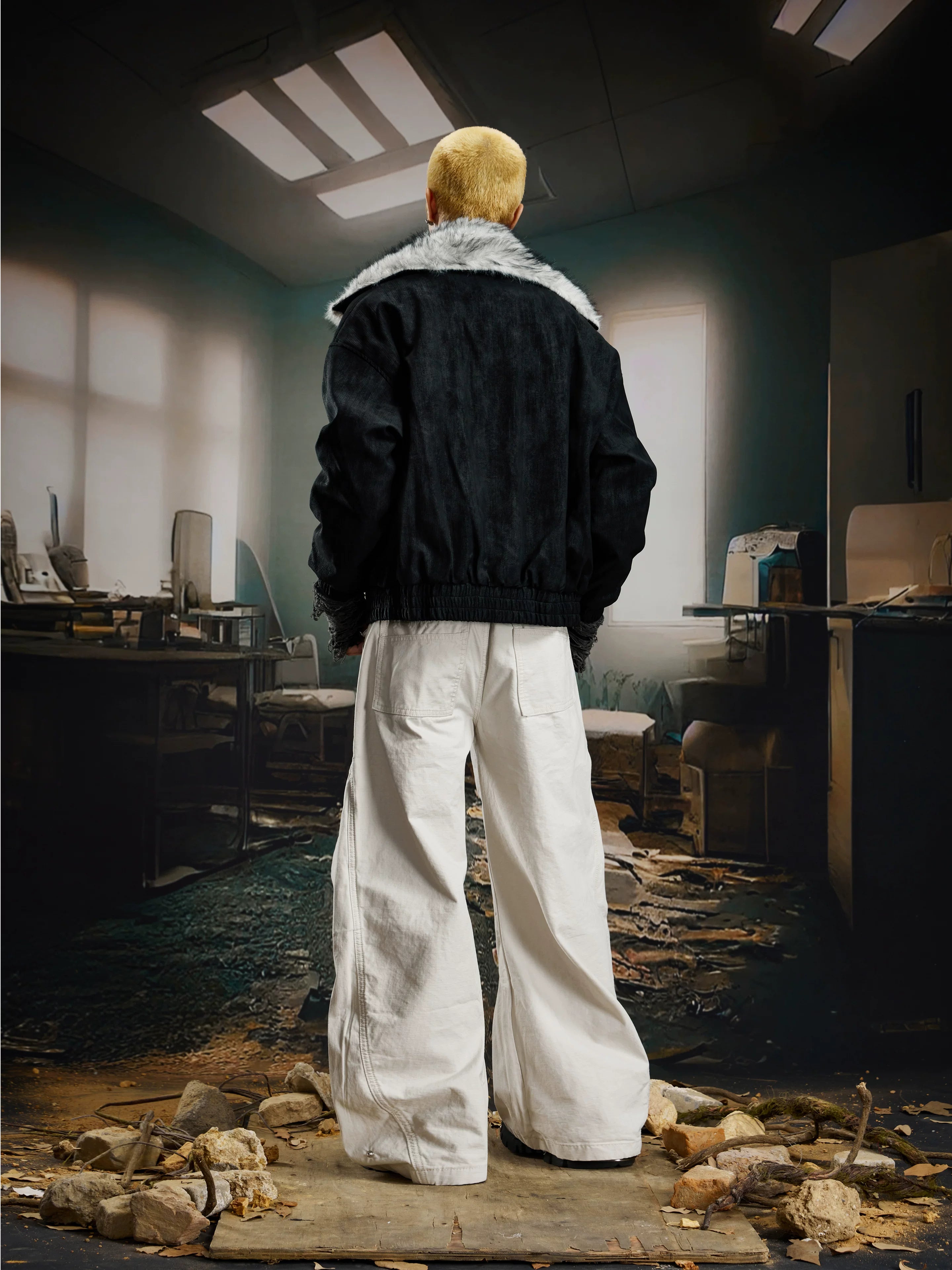 Glacier Veil Wolf‑Trim Bomber Jacket