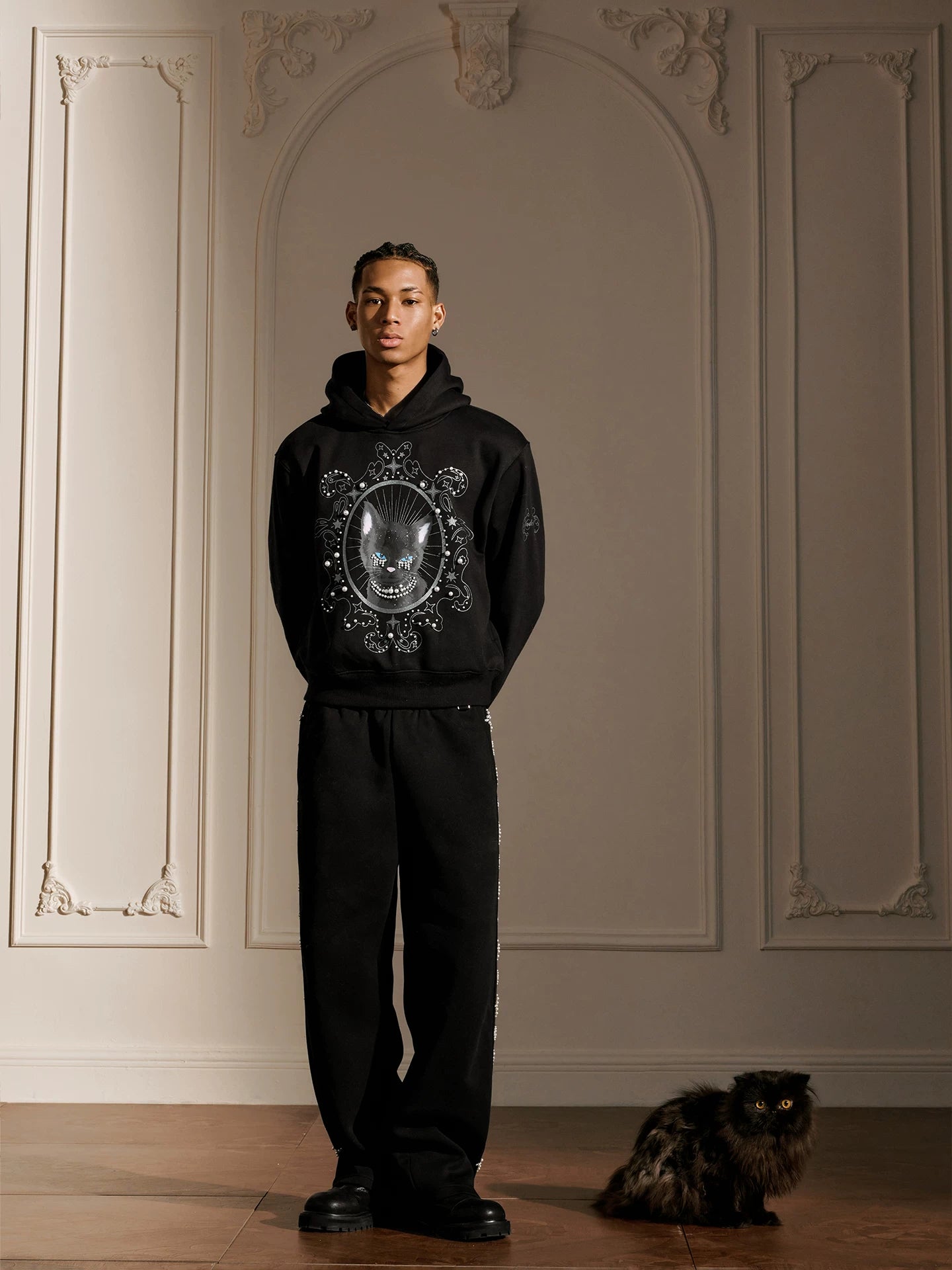 Pearl Embellished Mystic Cat Graphic Hoodie