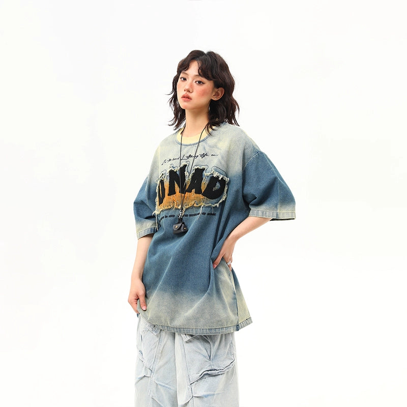 Oversized Distressed Denim Wash Graphic Tee