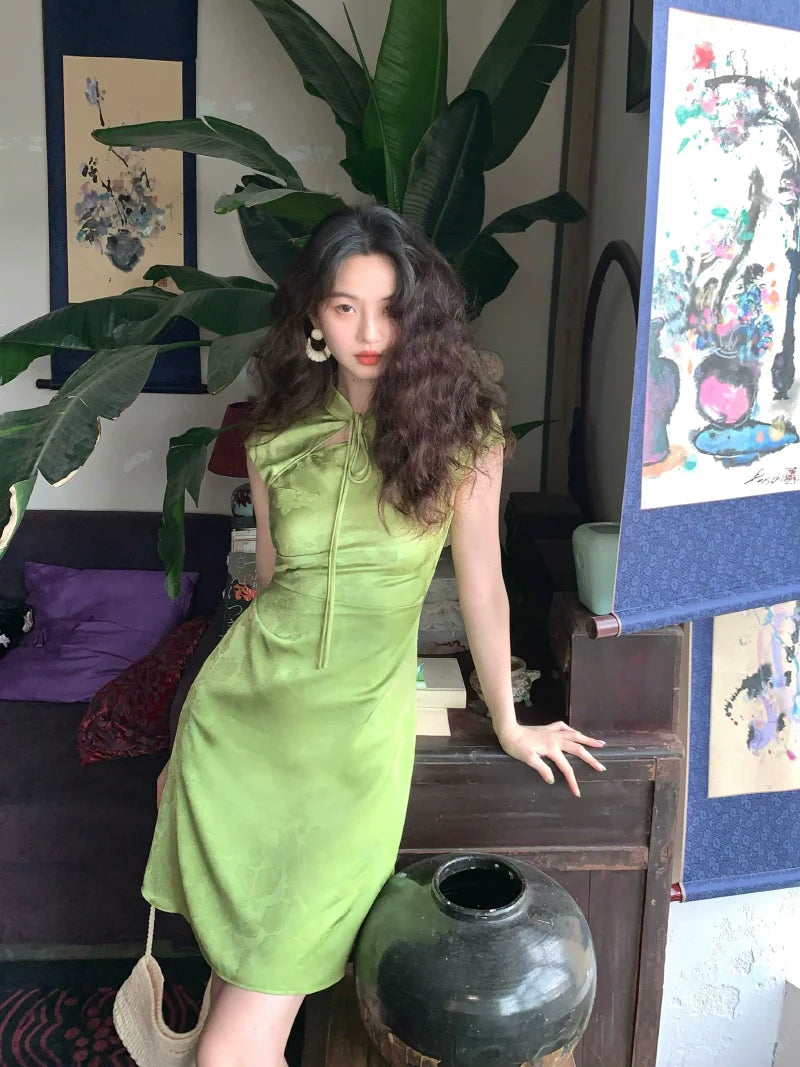 Satin Cheongsam-Inspired Mini Dress