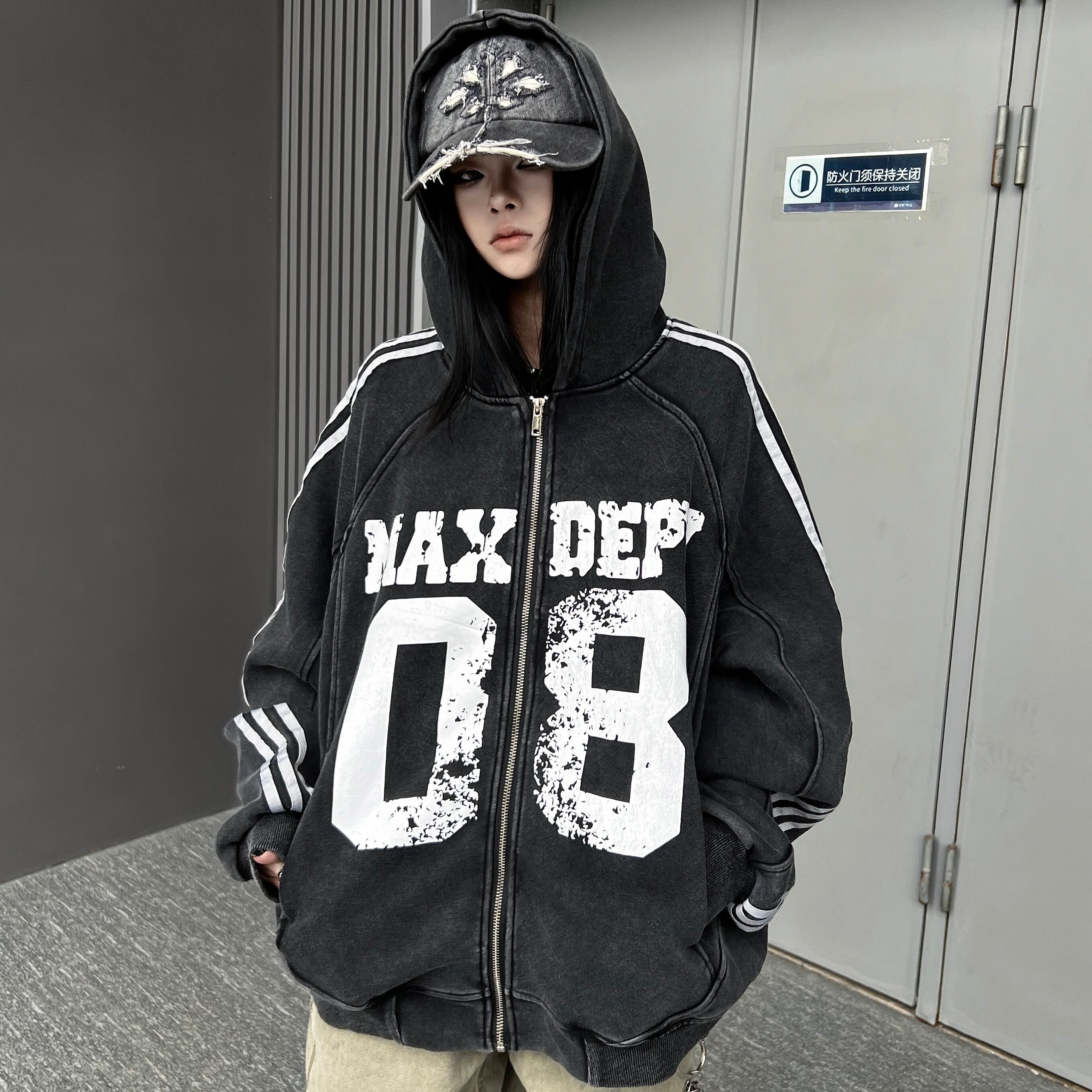 Men's Washed Distressed Letter Oversized Zip-Up Hoodie