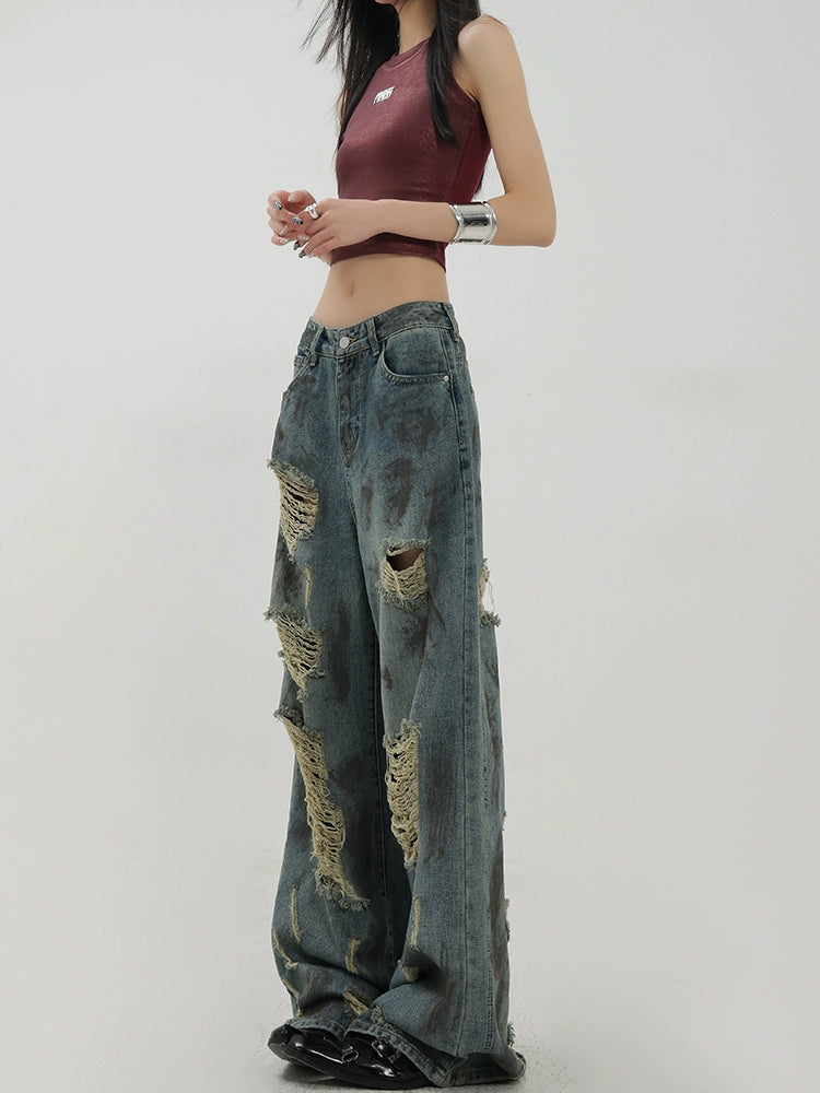 Retro Tie-Dye Distressed Wide-Leg Jeans With Washed Effect And Draping Fit - chiclara