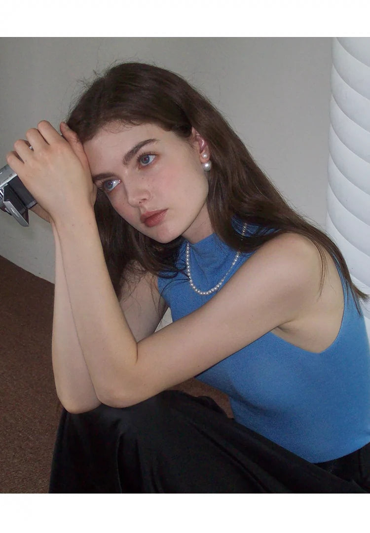 French Semi-High Neck Wool Knit Seamless Blue Tank Top - chiclara