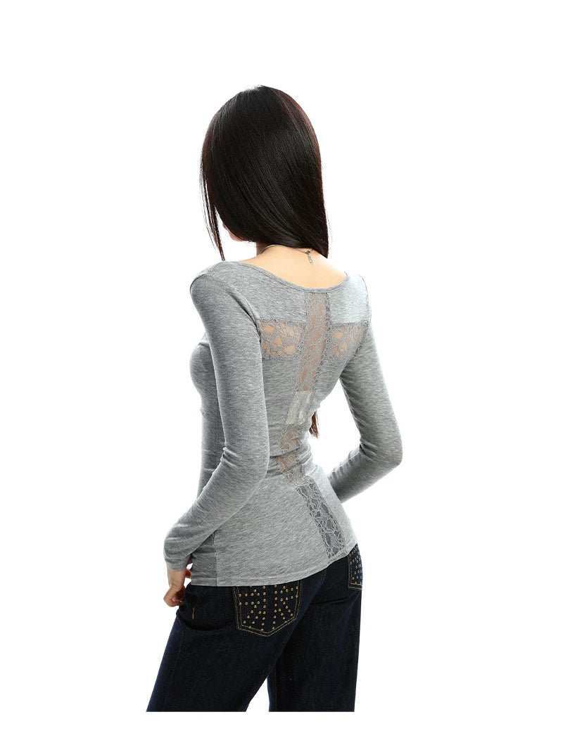 Lace Veil Scoop Neck Long Sleeve Top
