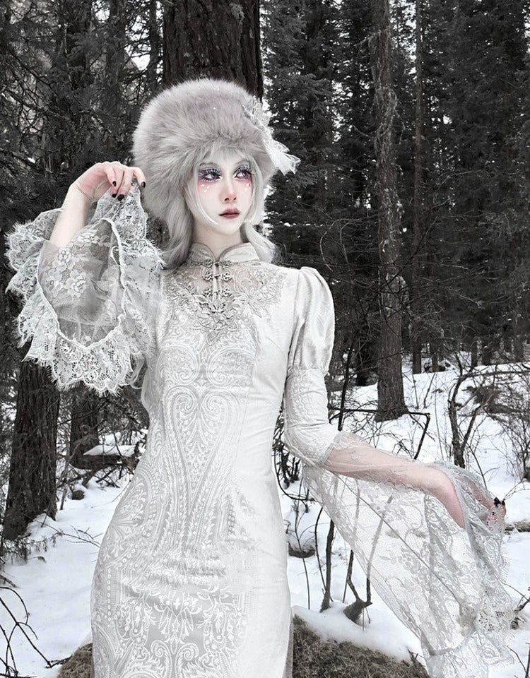 Vintage White Lace Angel Sleeve Dress