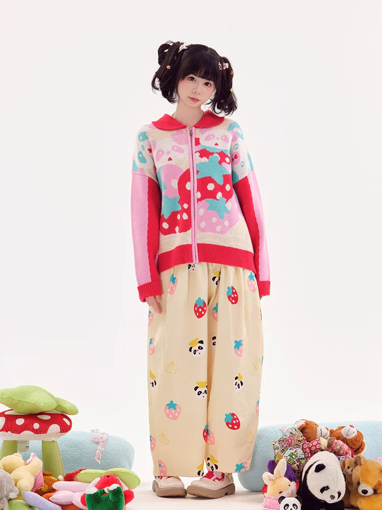 Panda Strawberry Print Wide Leg Pants