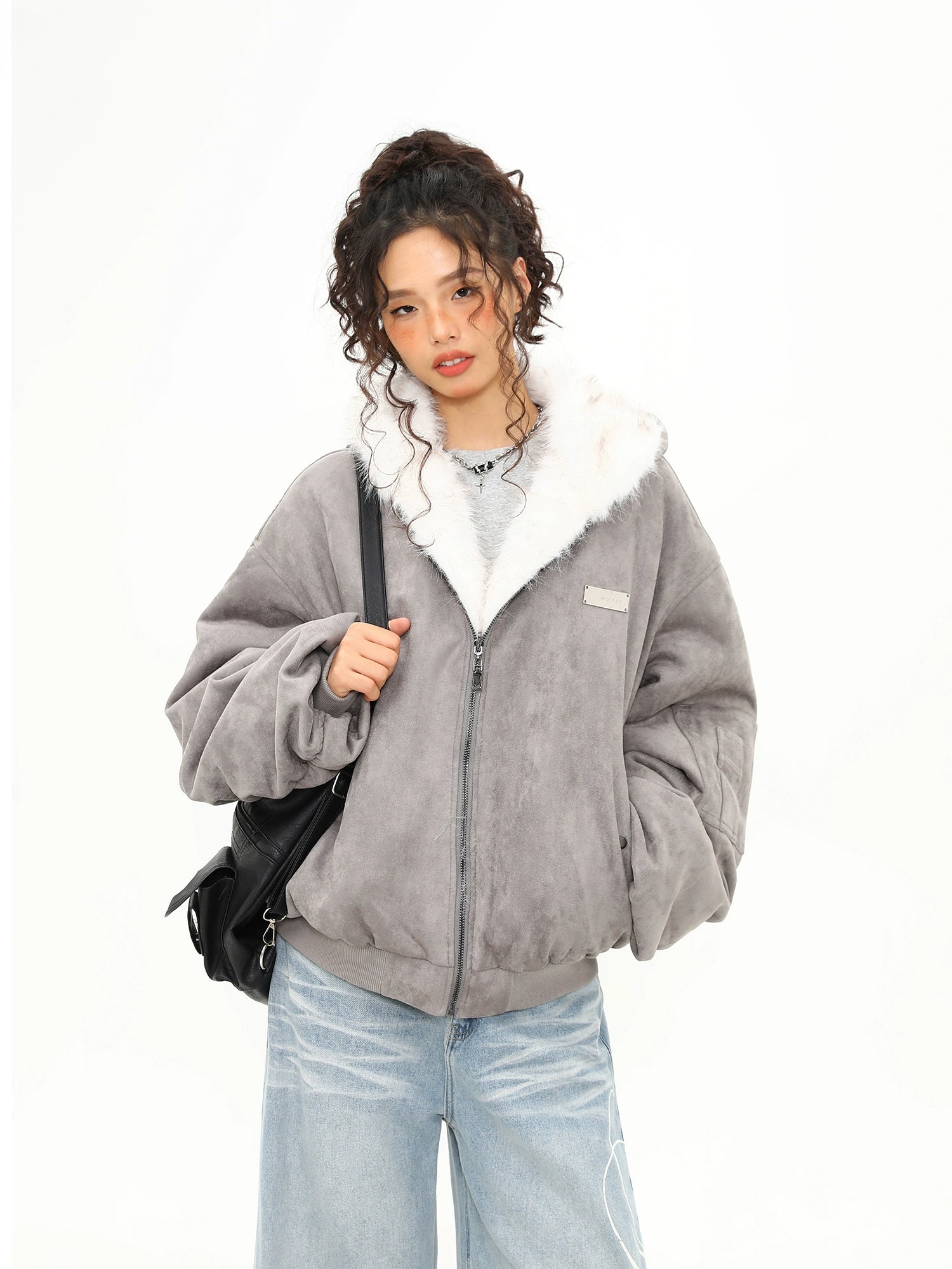 Ash Cloud Faux Fur Collar Bomber Jacket