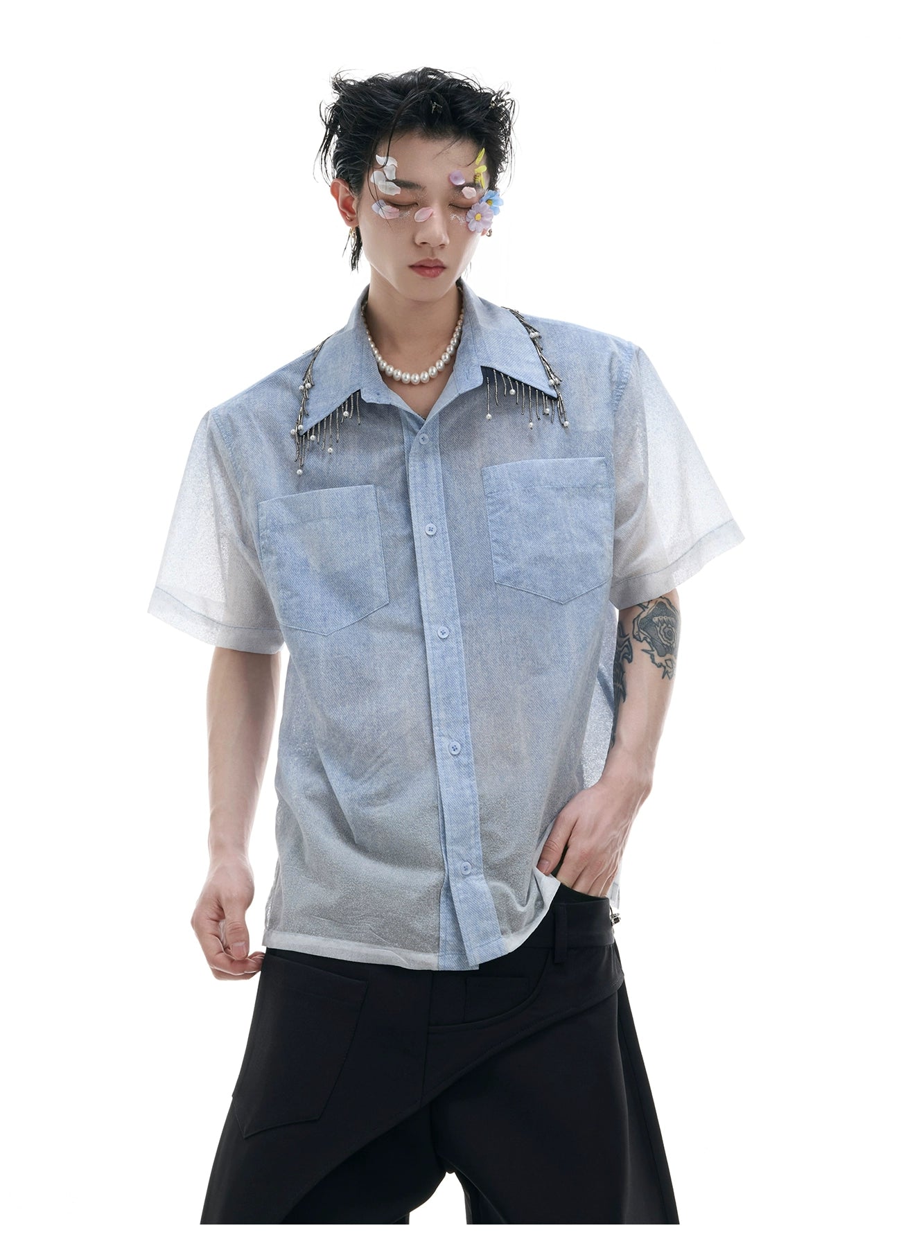 Denim Patchwork Short Sleeve Work Shirt