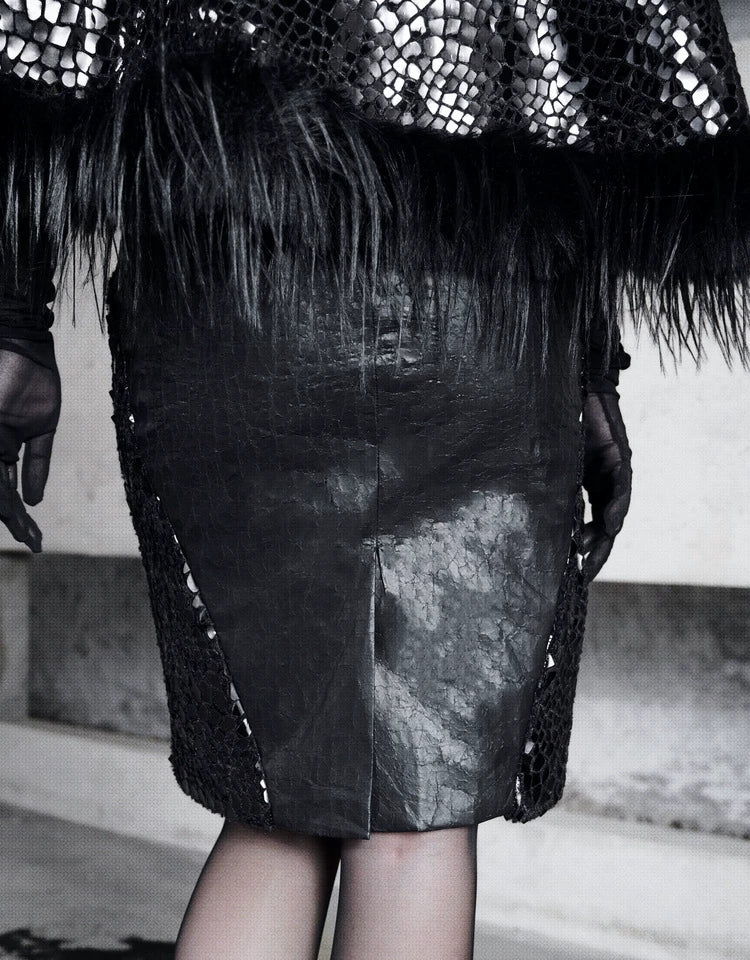 Black Snakeskin Mesh Faux Fur Pencil Skirt