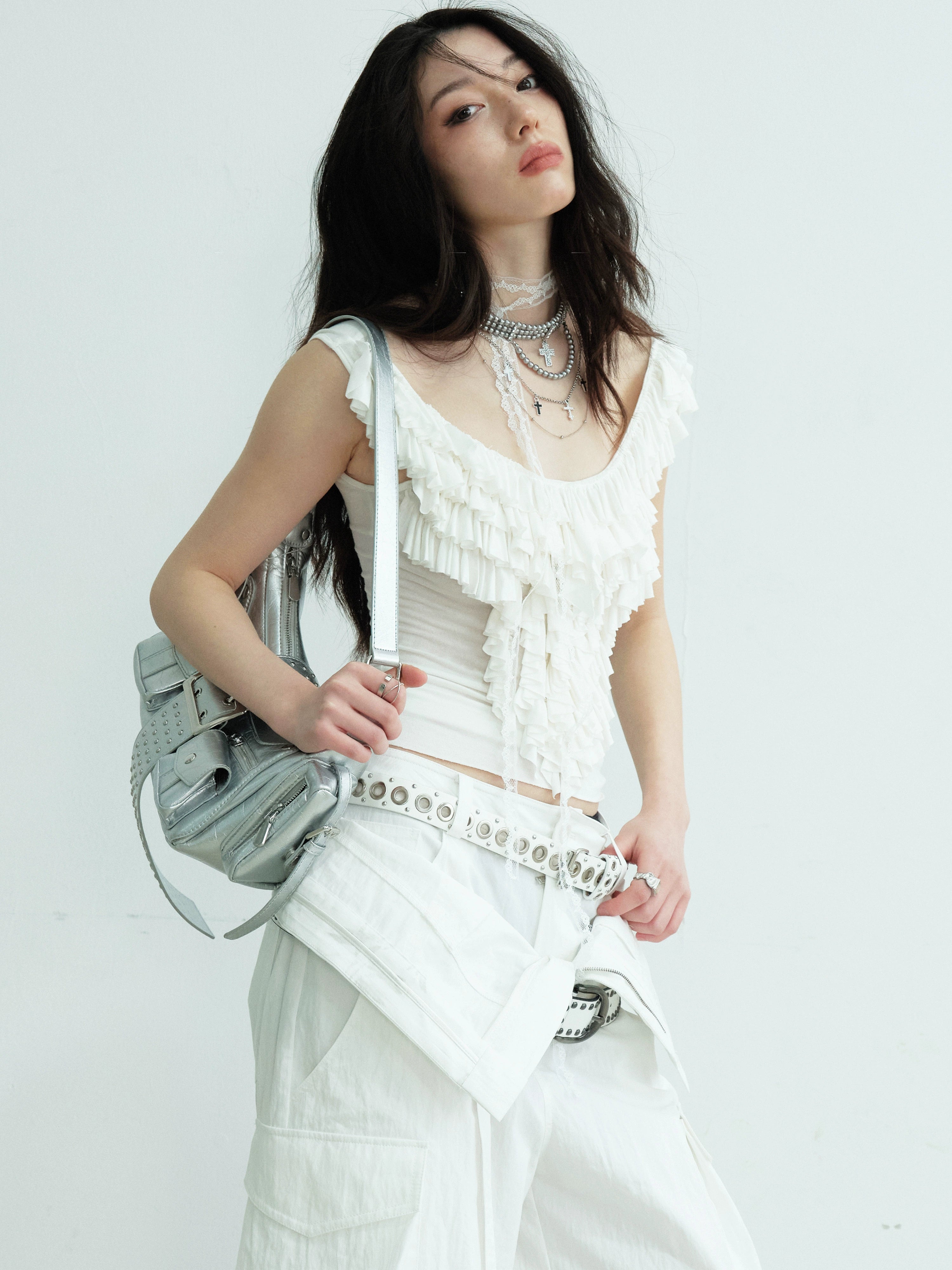 Ruffled Lace Cap Sleeve White Top