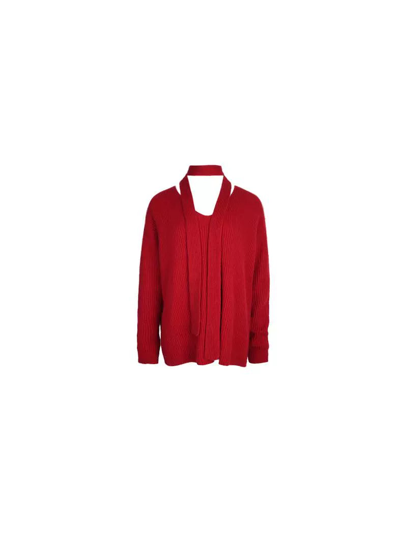 Ribbed Knit Sweater with Skinny Scarf