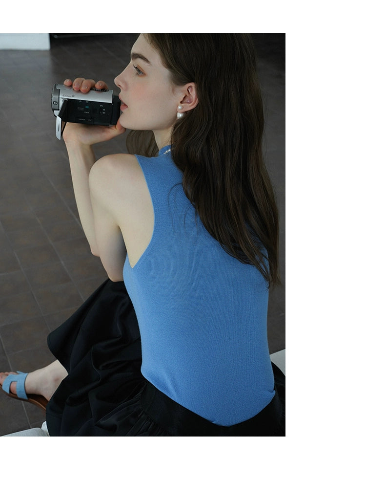 French Semi-High Neck Wool Knit Seamless Blue Tank Top - chiclara