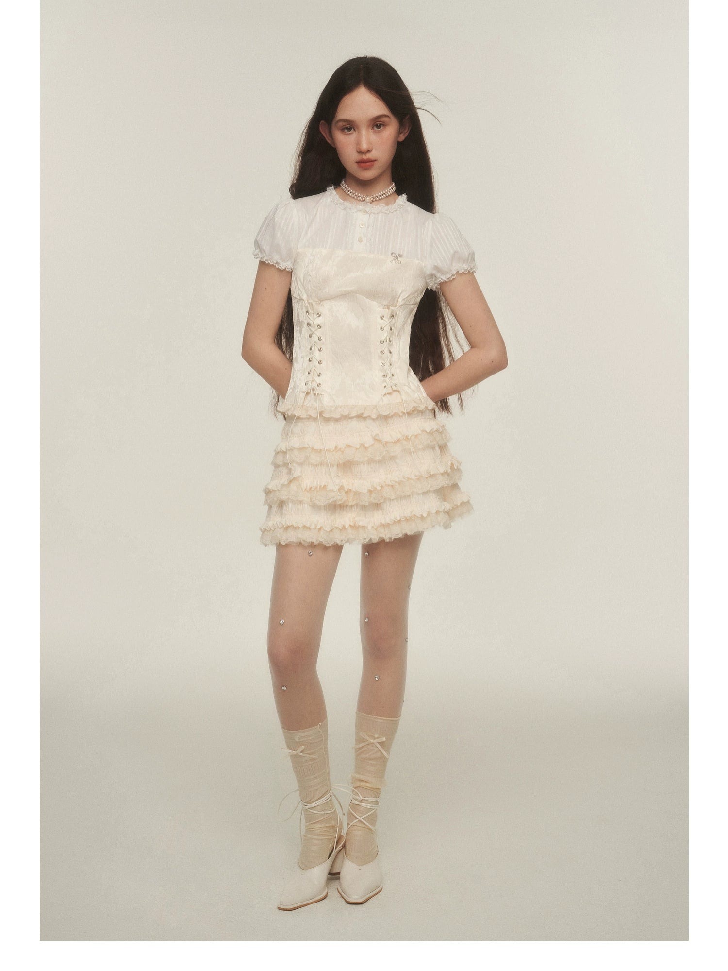 Cream Tiered Ruffle Mini Skirt with Lace Trim