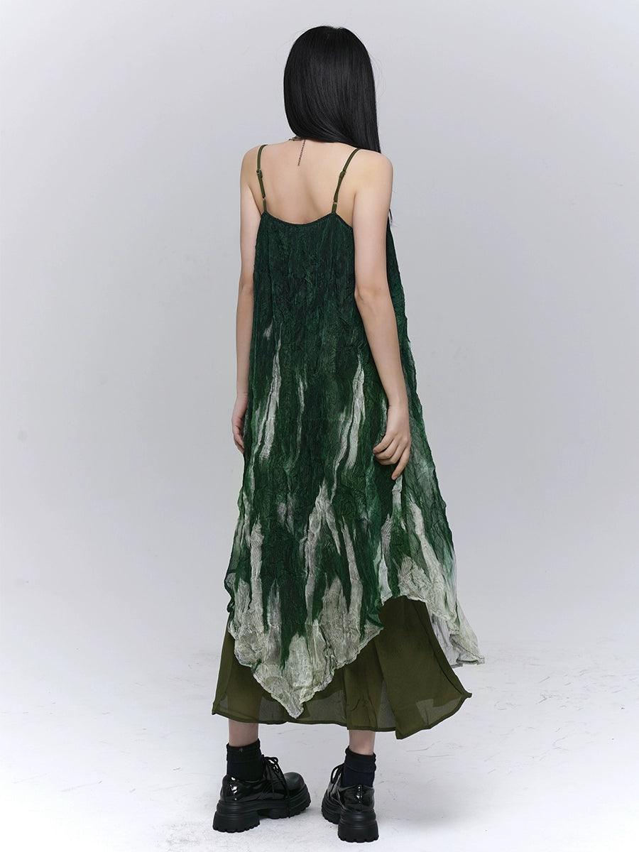 Ladyghost Forest Sprite 레이어드 맥시 드레스 - 여성용 녹색 옴브레 타이 다이 슬립 드레스, 비대칭 밑단