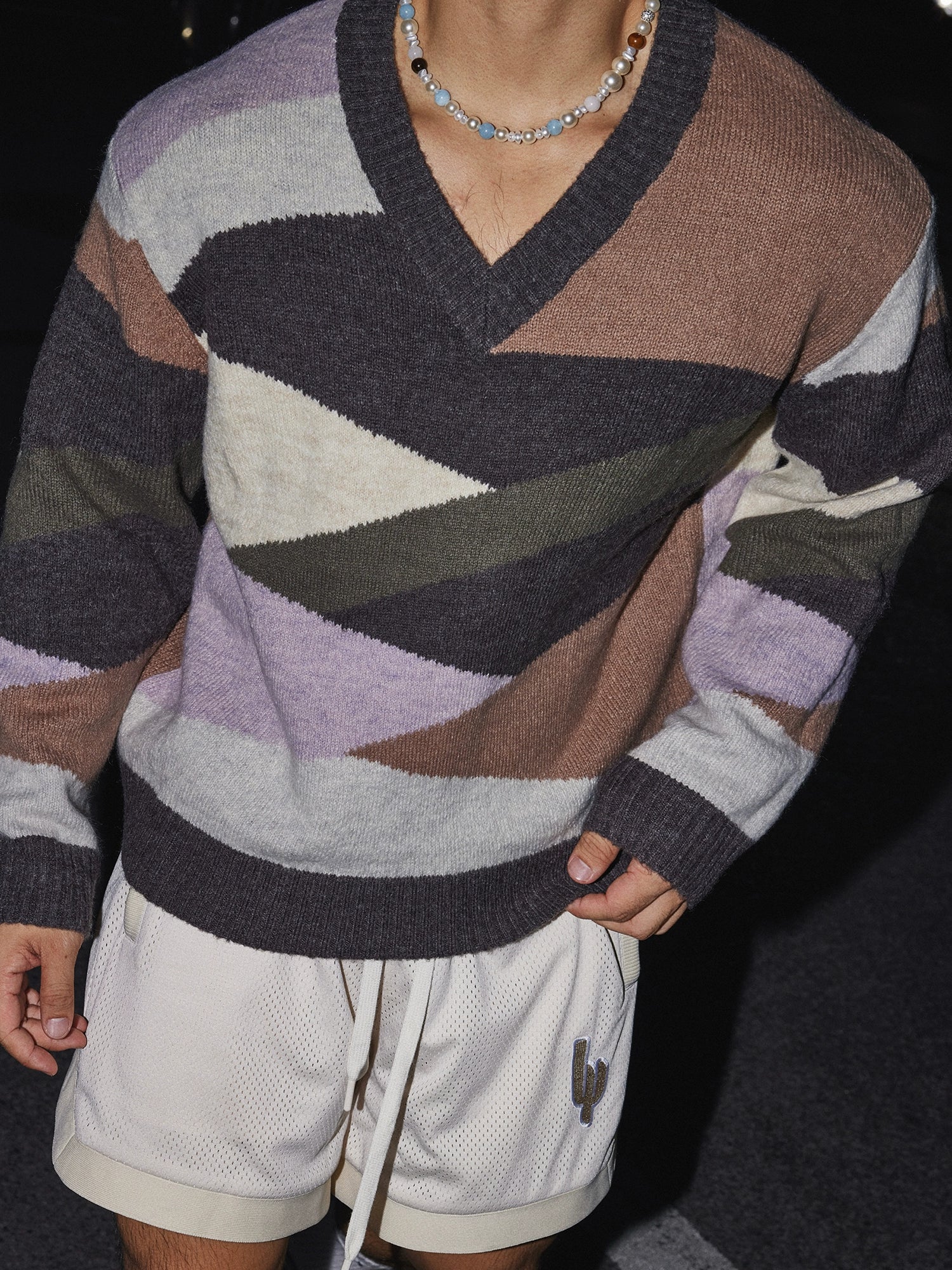 Retro Geo Stripe V-Neck Sweater