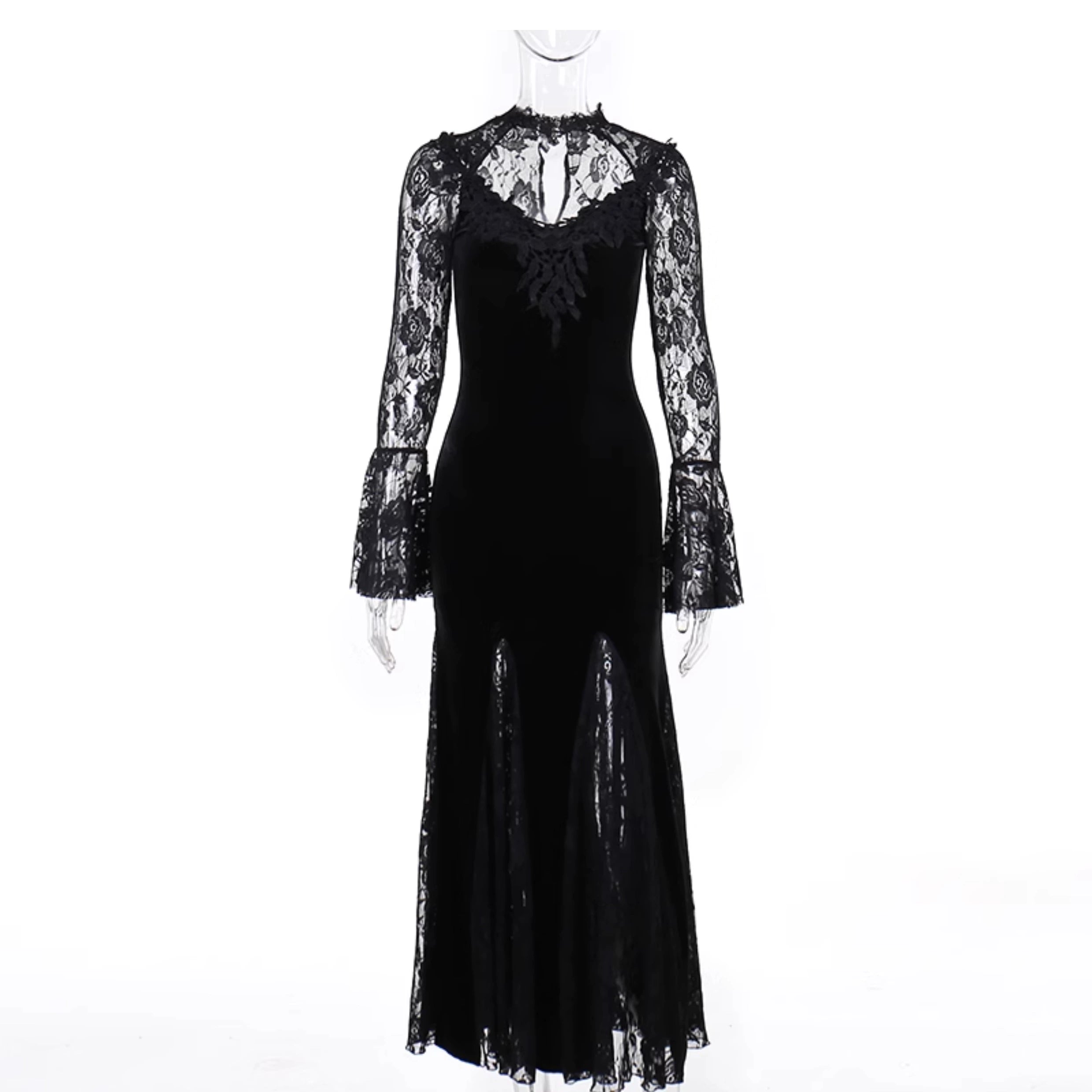 Robe sirène en velours gothique wannathis - robe de plancher en dentelle à manches longues avec collier élevé