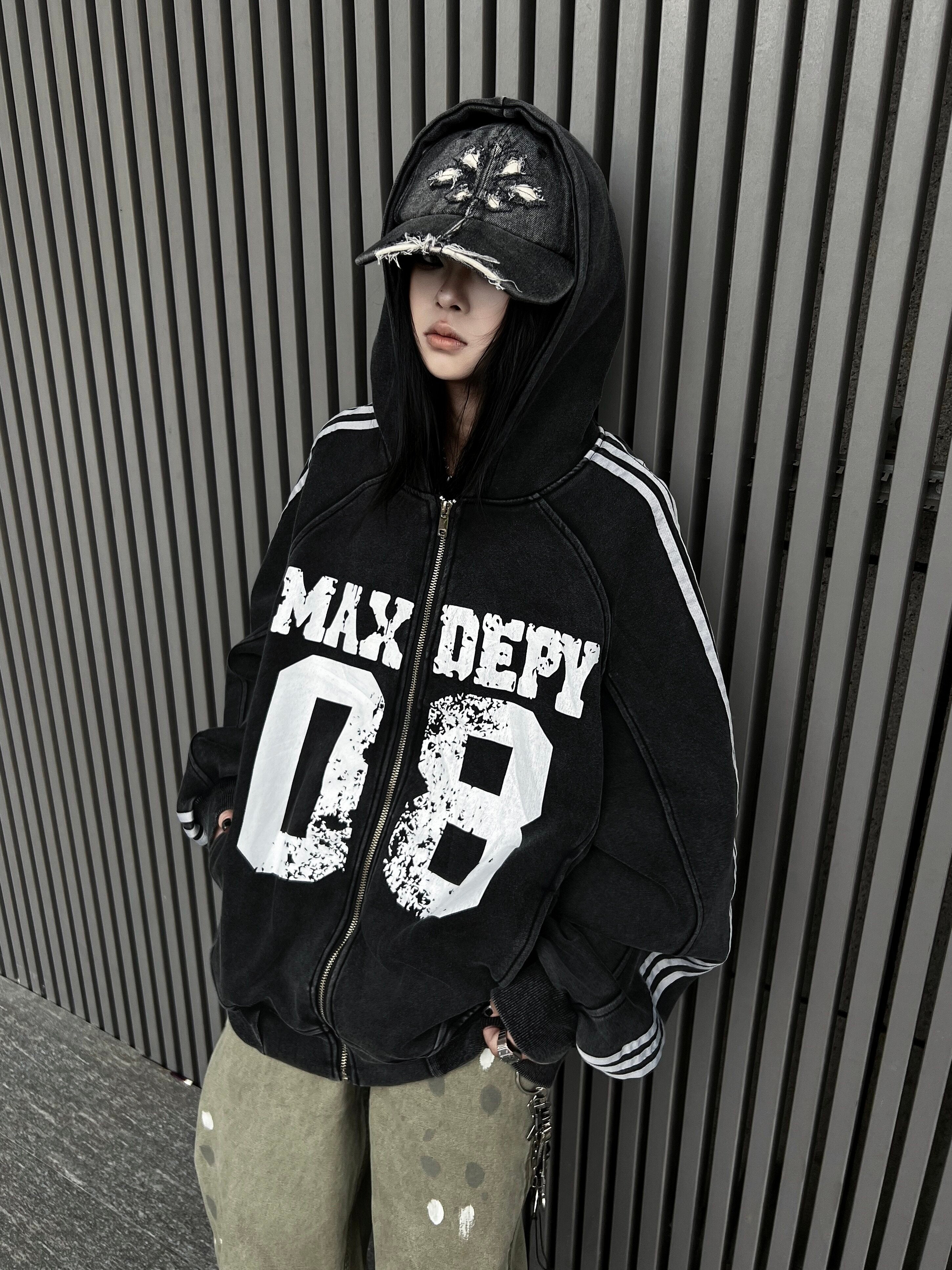 Men's Washed Distressed Letter Oversized Zip-Up Hoodie