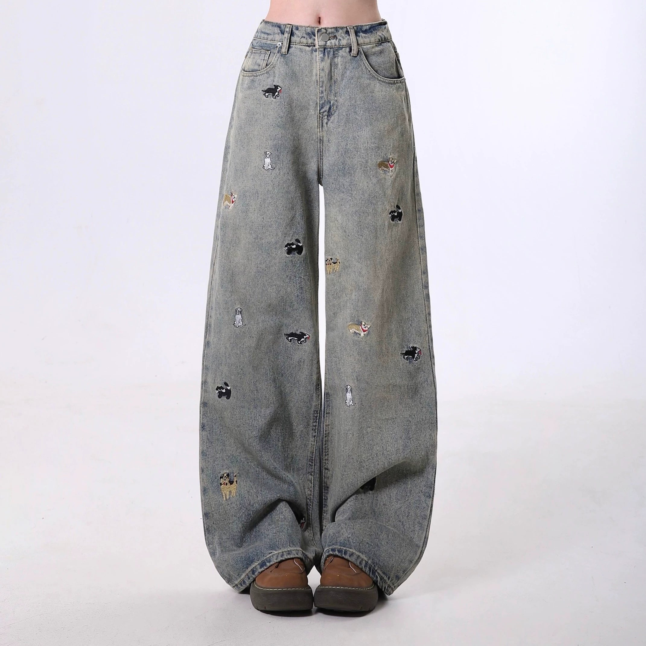 Wide Leg Pants with Dog Pattern Embroidery